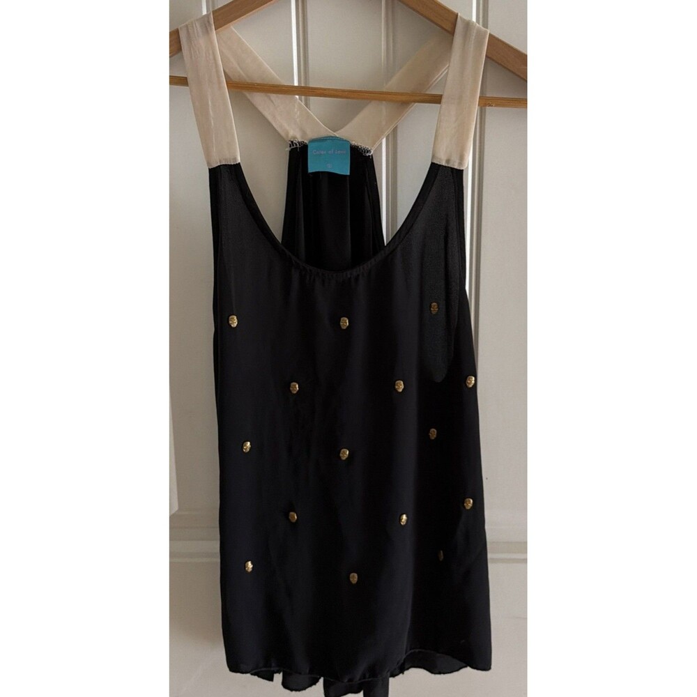 Women’s Tank Top Black Chiffon Gold Studded Skull Top Whimsigoth Grunge L